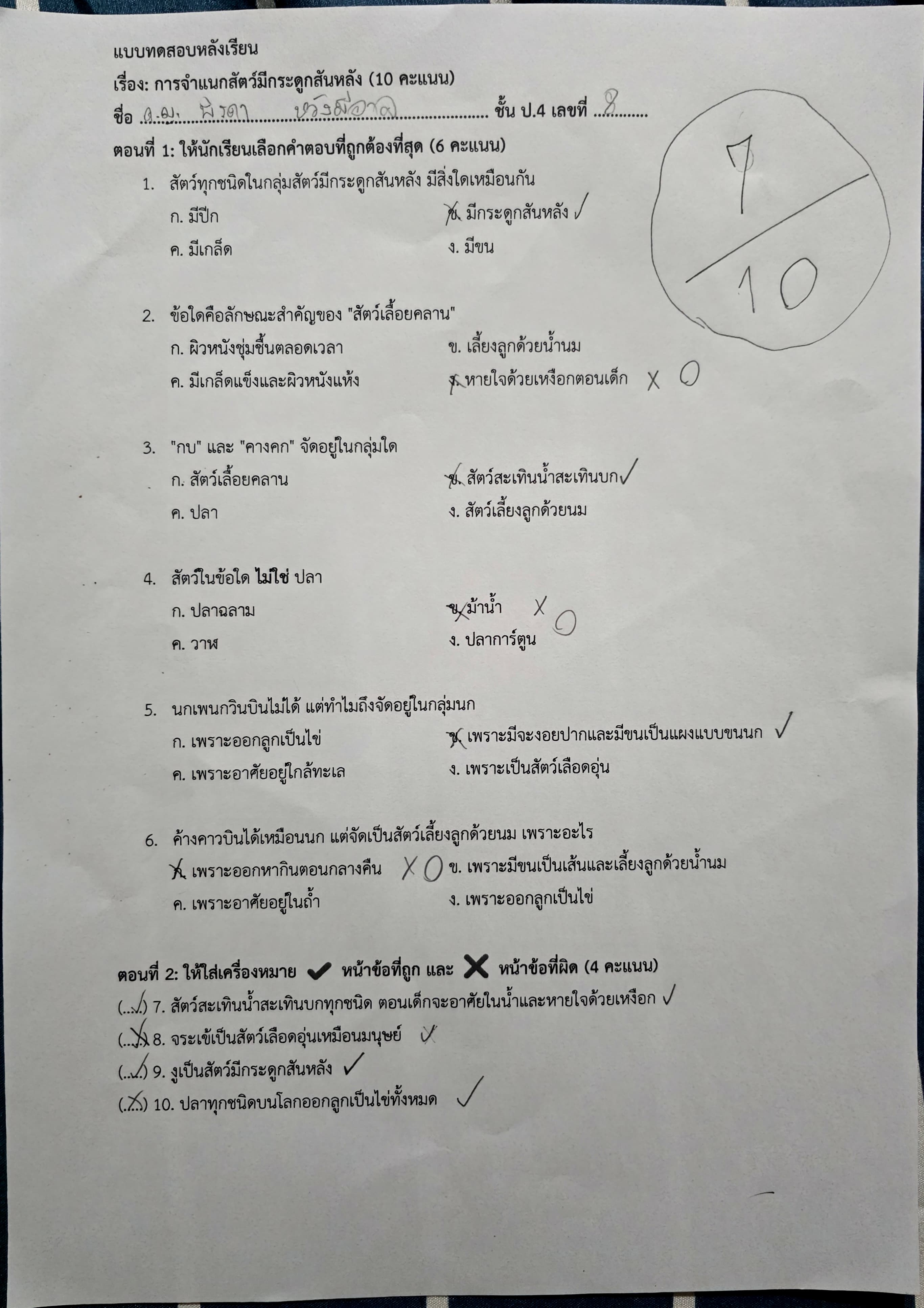 ประเมินผลจากแบบทดสอบก่อนเรียนและหลังเรียน เรื่อง การจำแนกสัตว์ที่มีกระดูกสันหลัง